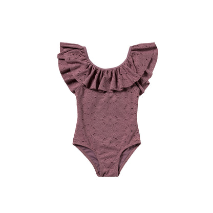 Salted Stories - Broderie Swimsuit Dusky Orchid | Luxe Meisjes Badpak met Broderie Details