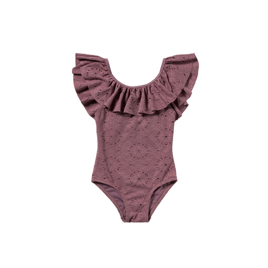 Salted Stories - Broderie Swimsuit Dusky Orchid | Luxe Meisjes Badpak met Broderie Details