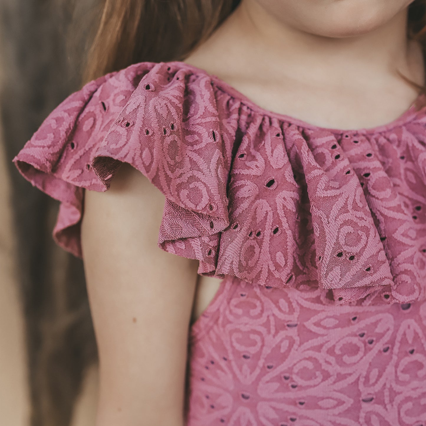 Salted Stories - Broderie Swimsuit Dusky Orchid | Luxe Meisjes Badpak met Broderie Details