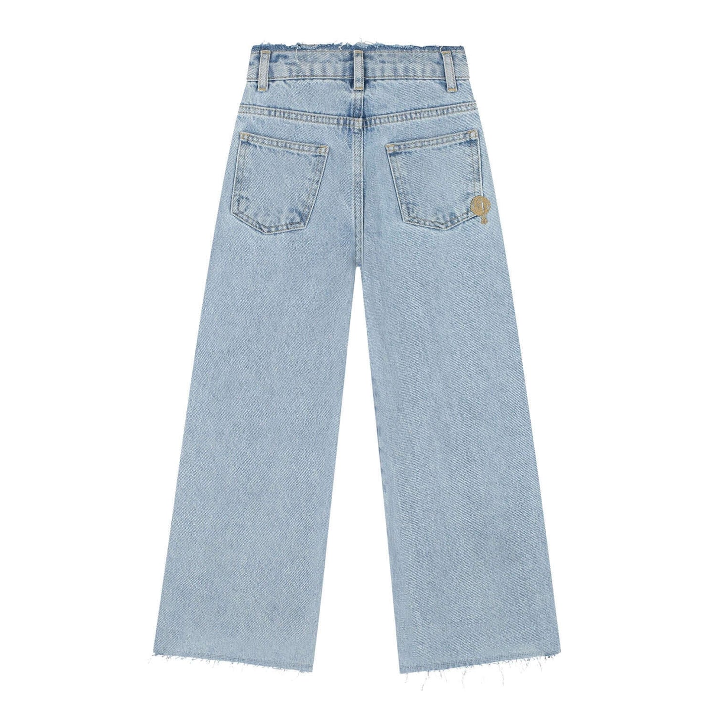 Back view of Charlie Petite Isae Contrast Jeans, featuring a modern loose fit and fringe hem in light blue denim.