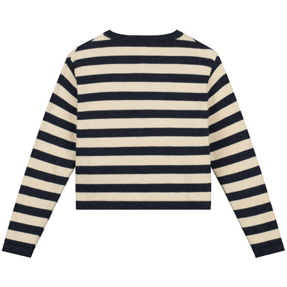 Back view of the Charlie Petite Jade Cardigan in navy and cream stripes, perfect for girls' casual wear.