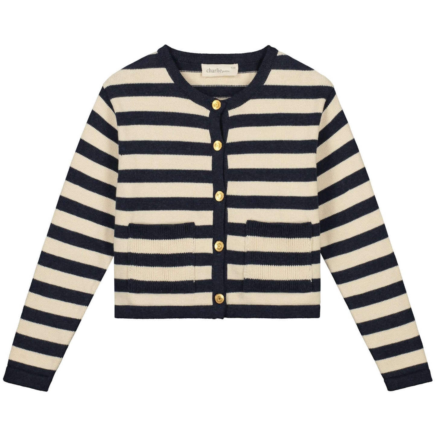 Charlie Petite navy and cream striped cardigan for girls featuring gold buttons and front pockets, perfect for stylish layering.