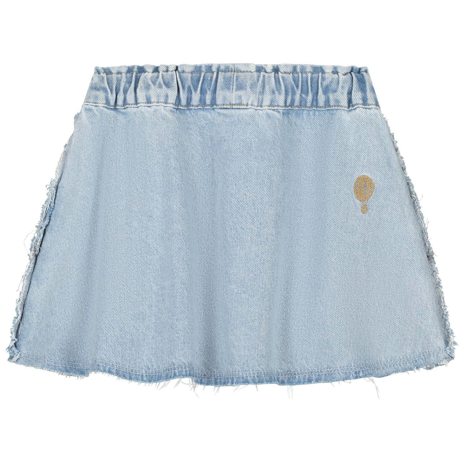 Light wash denim skirt by Charlie Petite featuring a frayed hem, perfect for summer.