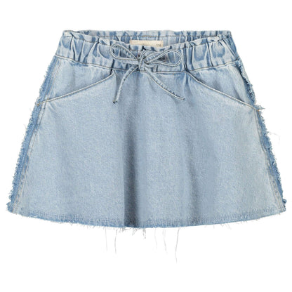 Light snow wash denim skirt by Charlie Petite, featuring a drawstring waist and frayed hem, perfect for summer wear.