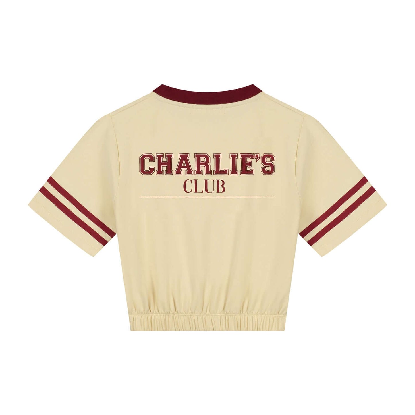 Charlie Petite Lianne T-Shirt in crème with bordeaux collar and logo, stylish and trendy design for casual wear.