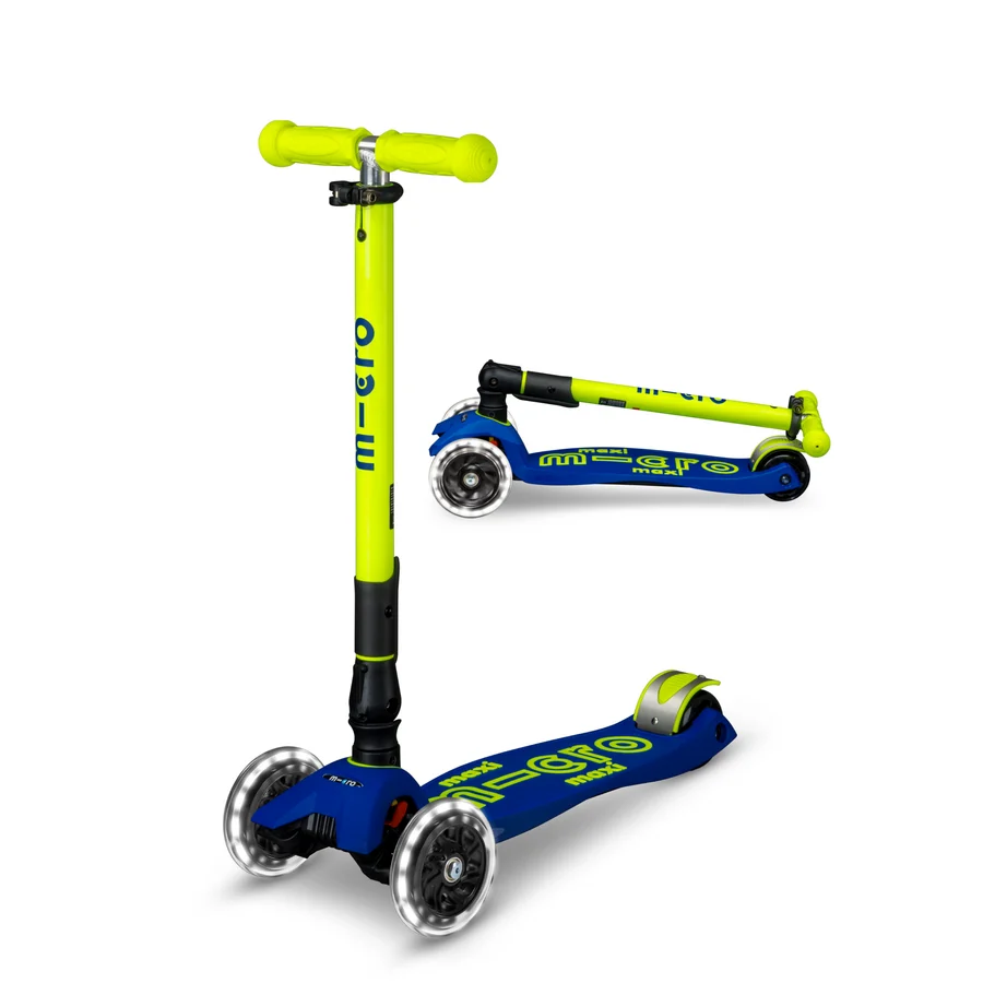Micro Step - Maxi Micro Deluxe Inklapbaar LED – Blauw Geel Neon 3-Wiel Kinderstep
