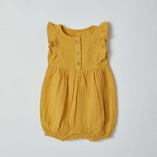 OrganicEra Muslin Romper met ruffles, Mustard