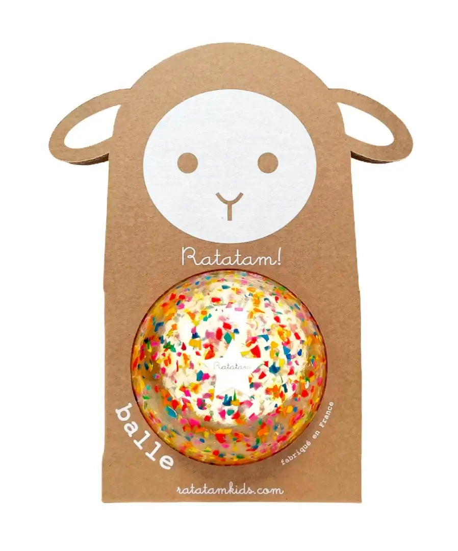 Colorful Ratatam confetti ball in sheep packaging, perfect for a festive gift at Christmas—10 cm recycled plastic fun!