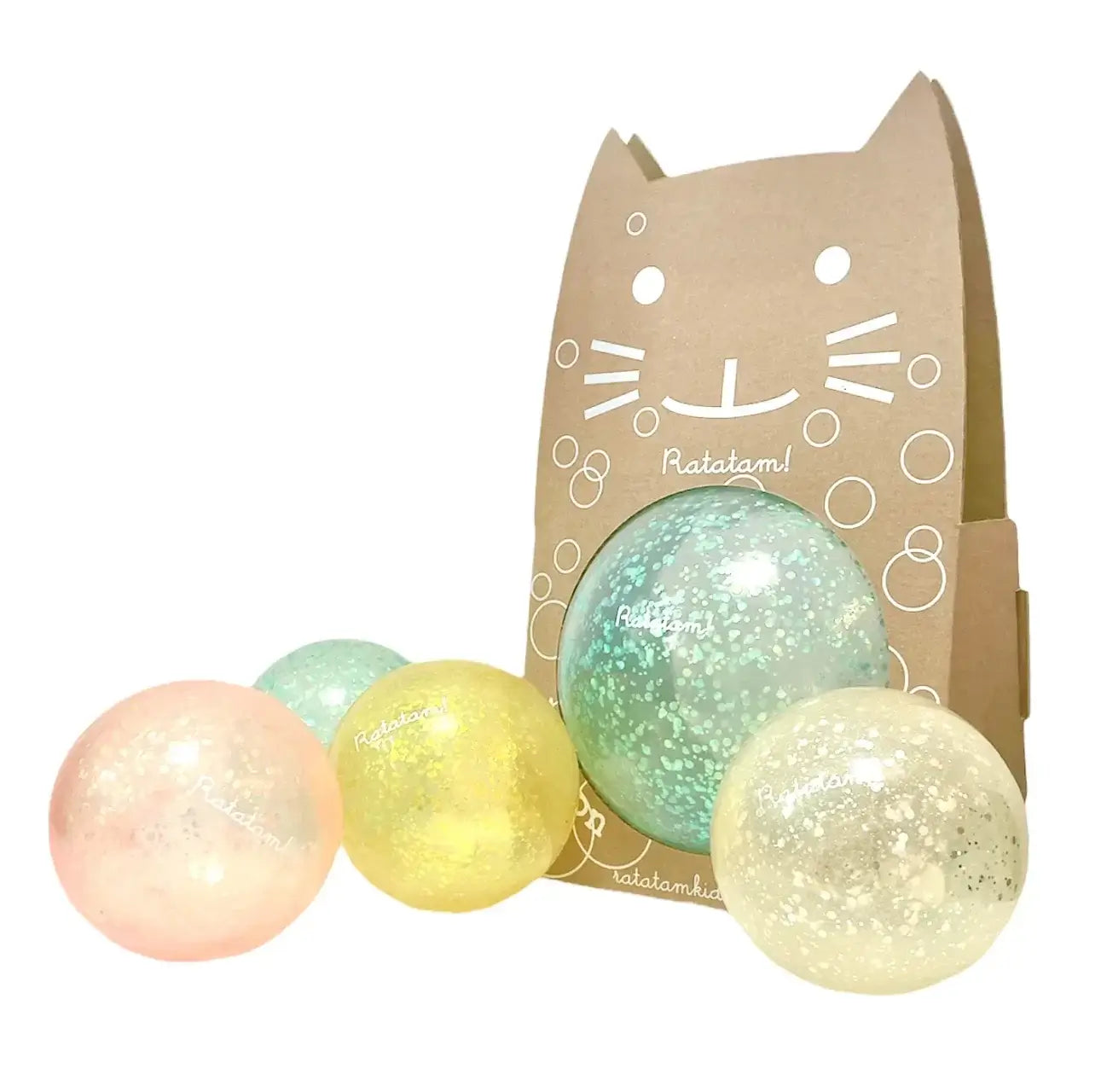 Set of sparkling Ratatam! glitter bubble balls in pastel colors, packaged in a cute cat design box for festive fun.